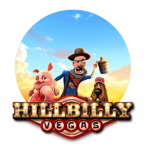 Rund logga text Hillbillyvegas - Hilbilly med hatt, gris och blodhund med keps
