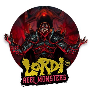 Monster i rustning rund logga med text Lordi Reel Monsters - Spelautomat recension