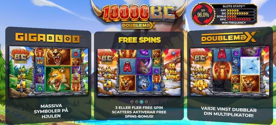 Spelautomat 10000 BC Doublemax visar spelfunktioner free spins Doublemax 