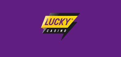 Lila bakgrund - gul o svart logga med text LuckyCasino - kampanjer CasinoGuide.se