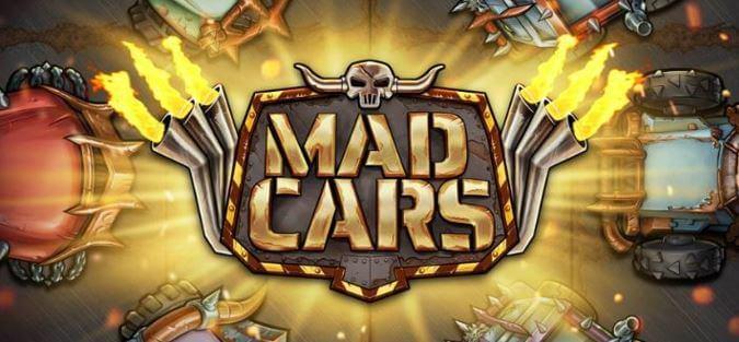 Mad Cars i text - bilar i bakgrunden och avgasror med eldslagor - veckans slot