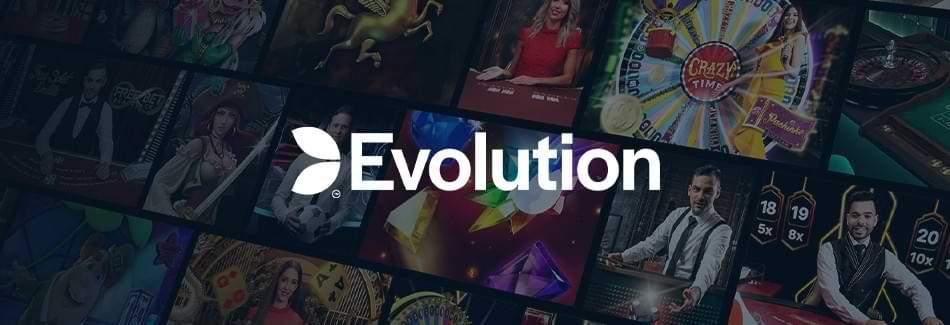Spel fran Evolution i bakgrunden - live dealers - text i vitt Evolution - nya kommande spel 2023 - CasinoGuide.se artikel