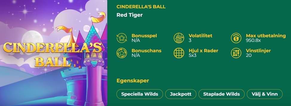 gron bakgrund med text och spelinformation om spelautomaten Cindrellas Ball - Klirr Casino Casinolobby - ny design