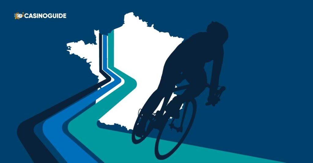 Bla bakgrund, vit karta Frankrike - linjer med cyklist - Tour de France 2023 - artikel odds o betting