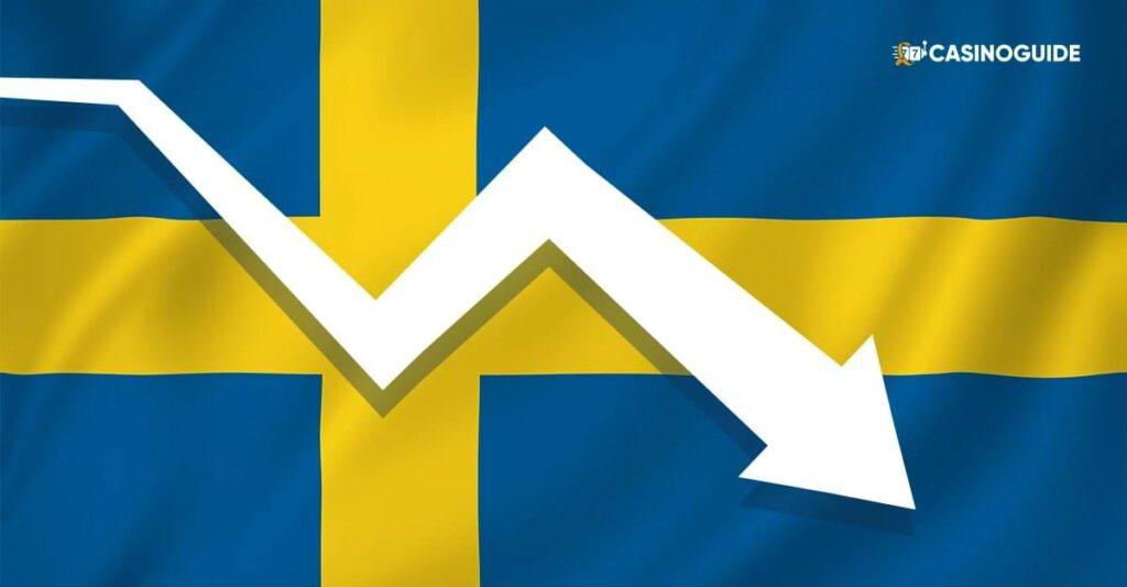 Svenska flaggan, med pil som visar nedatgaende statistik for spel pa svenska casinon