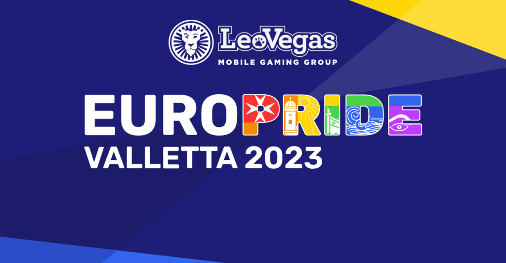 Bla bakgrund med text o logga - Leovegas Group sponsor av Europride Valletta 2023 - CasinoGuide.se
